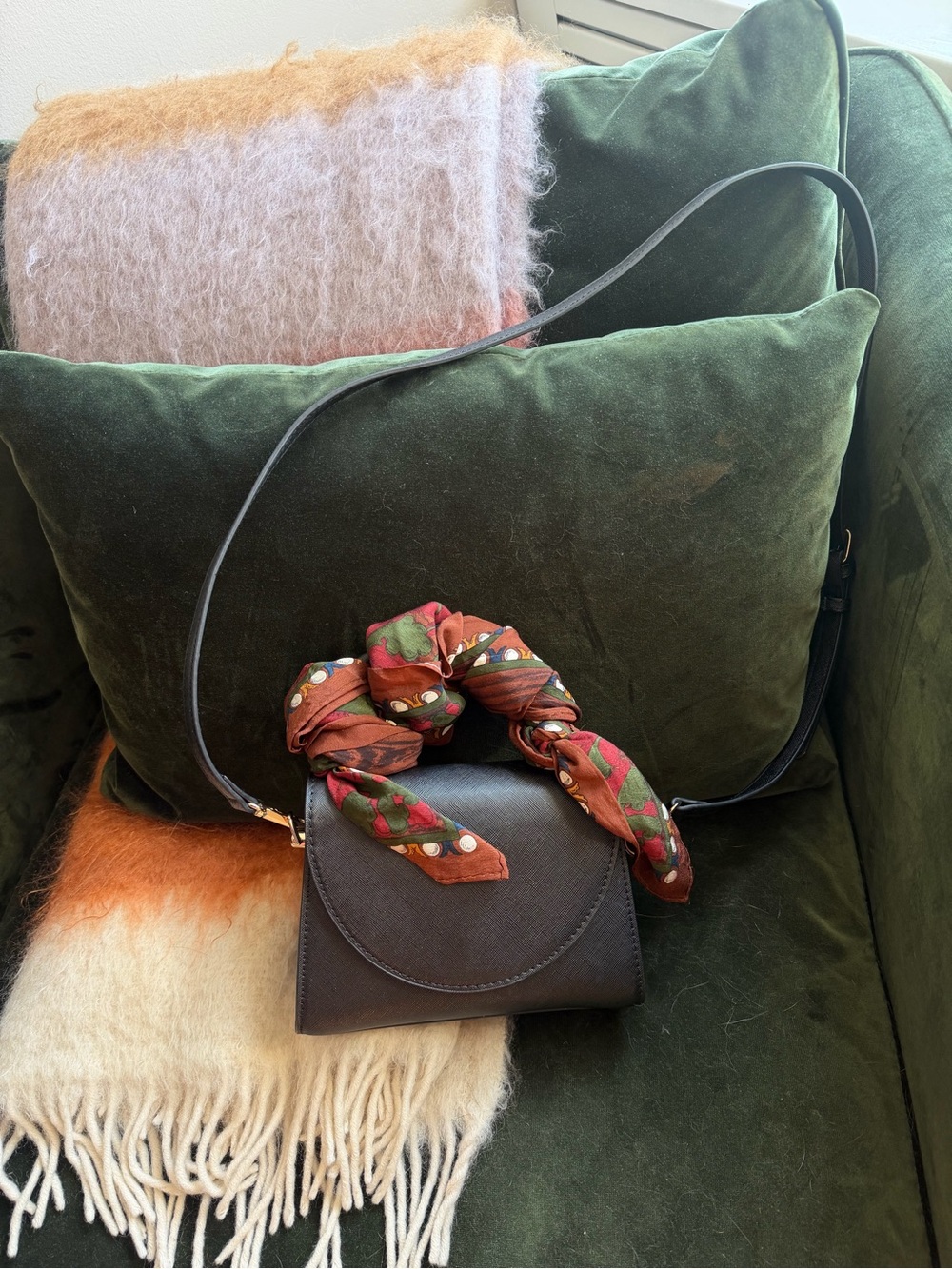 Classic Black Crossbody Bag with Patterned Scarf Accent
